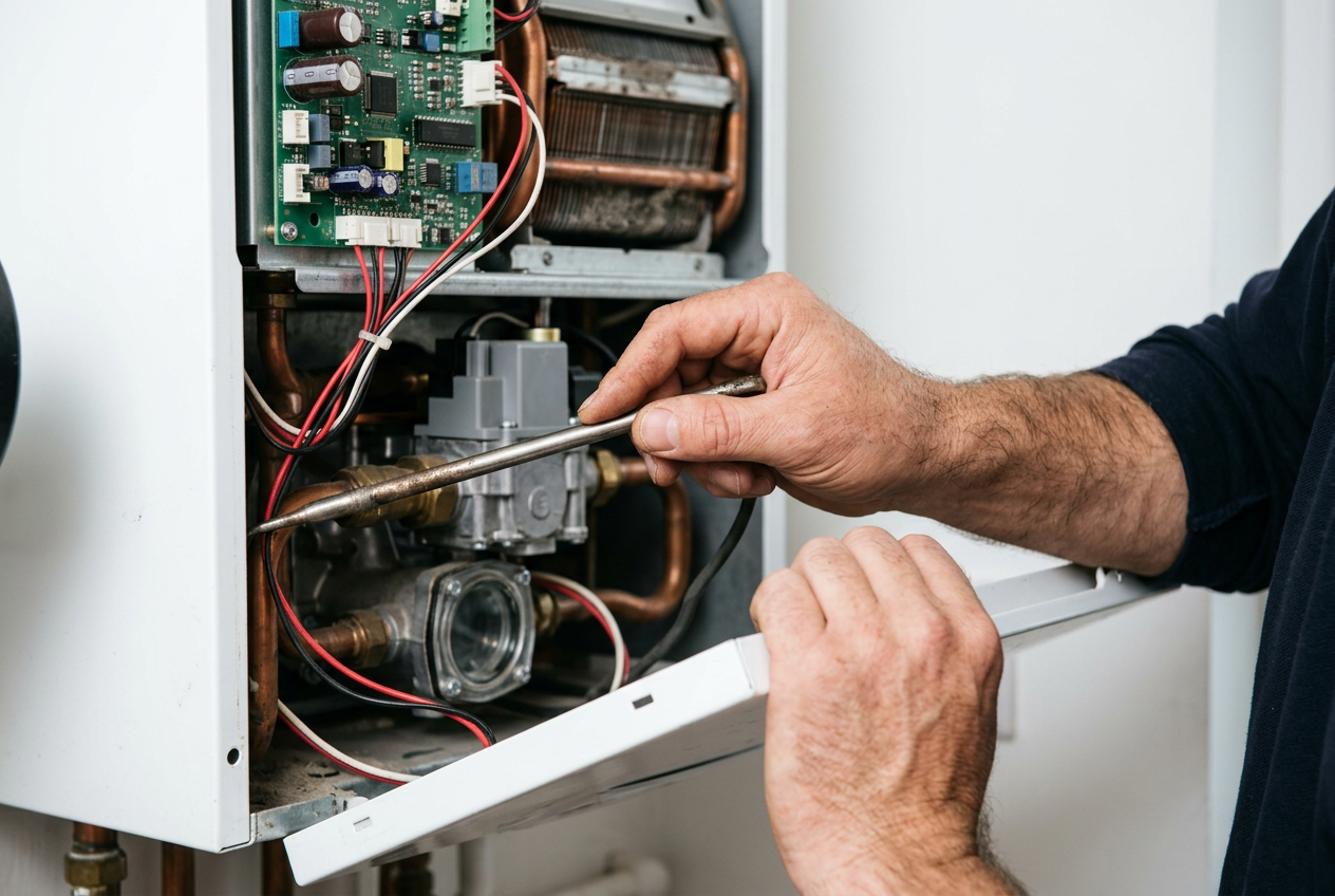 BoilerSense engineer diagnosing a boiler fault